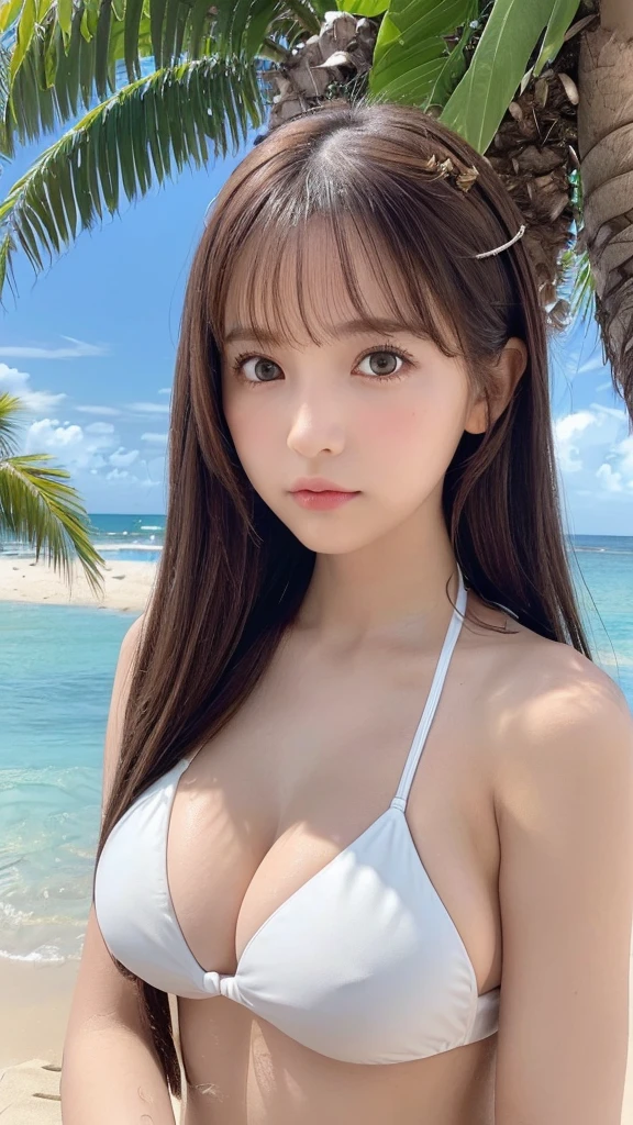 (This is a close-up shot of a young anime girl in a bikini on the beach:1.4),(solo:1.4),(1girl:1.4),(long brown hair:1.3),(brown eyes:1.2),(white bikini top:1.3),(white bikini bottom:1.2),(navel:1.1),(sitting on the beach:1.3),(palm trees in the background:1.2),(ocean in the background:1.2),(blue sky:1.1), (detailed face:1.3),(beautiful detailed eyes:1.3),(slightly parted lips:1.2),(shy embarrassed expression:1.3),(flushed cheeks:1.2),(slender body:1.2),(large breasts:1.3), (masterpiece:1.2),(best quality:1.3),(ultra high res:1.2),(photorealistic:1.1),