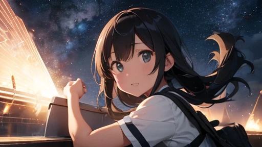 shooting star,Space Battleship,perfect battleship,detailed battle ship,Break the battleship is flying in 宇宙,Break background in space,detailed background,masterpiece,best quality,super detailed,super fine illustration,8k,dynamic angle,Break Space Battleshipの周りを戦闘機が飛んでいる,