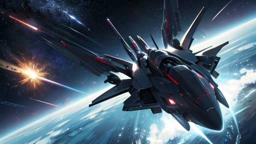 shooting star,Space Battleship,perfect battleship,detailed battle ship,Break the battleship is flying in 宇宙,Break background in space,detailed background,masterpiece,best quality,super detailed,super fine illustration,8k,dynamic angle,Break Space Battleshipの周りを戦闘機が飛んでいる,