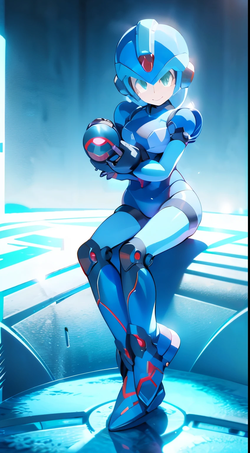 megaman x Girl, cute, Reploid, fullbody shot, maverick hunter, extremely detailed, dinamic pose, Green eyes, long eyelashes, glowing lips, smile, black waist