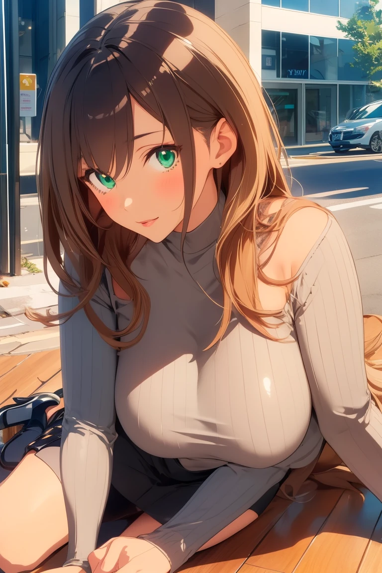 visual anime of a cute girl, best anime girl, Ecchi anime style, seductive lady, big ,long shiny brown hair ,detailed eyes and face,detailed lips,beautiful detailed eyes, green eyes, wearing a brown pencil miniskirt,  black high heels,   wearing low-cut blouse, khaki sweater,  hair ornament, in a seductive pose,  lying on the floor in profile, turning to see the viewer,  on a city street.