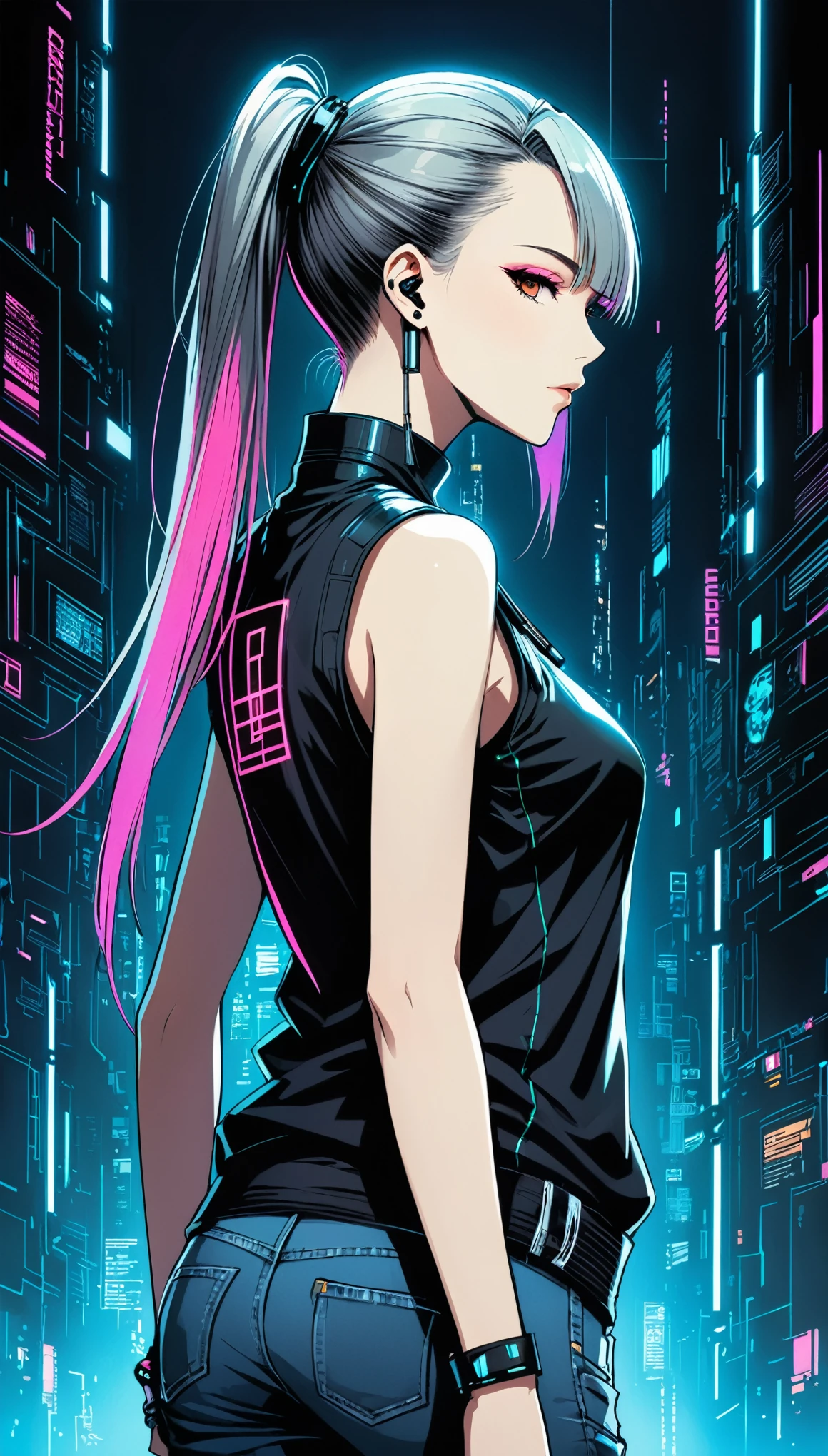 in style of Santiago Caruso,1girl,solo，Blue Background，oversize ，Hip-hop style，Black Plaid Sleeveless T-Shirt，jeans，One hand behind your back，looking at viewer，(Soft and straight cyberpunk hair:1.5)glowing fluorescent hair，Simple style，wide angle,Dynamic Angle，Slanted screen composition，(bangs_pinned_back:1.5),(head_tilt:1.7),blush visible through hair

