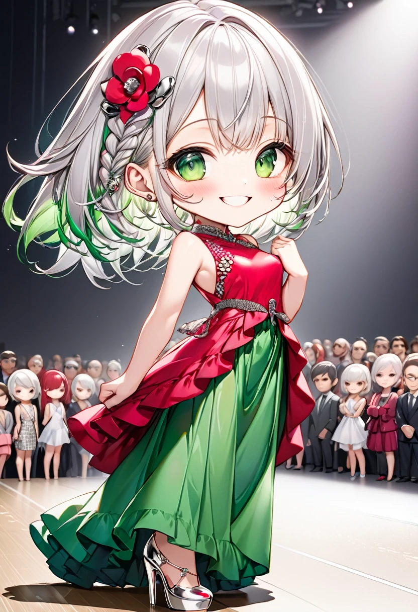 Highest quality, High resolution, Detailed Background, Beautiful face in every detail, Anatomically correct, Detailed facial expressions, fine grain、((From the side)), break ((One Girl, Chibi Girl)), (fashion model), silver Hair, beautiful clear big green eyes, (light makeup, pink rip:1.2, full rip:1.2), Braided Bob, break (Sleeveless super shiny tight red dress, high heel, ((background is a runway with  a large audience)), Very big smile, ((model's pose:1.3))