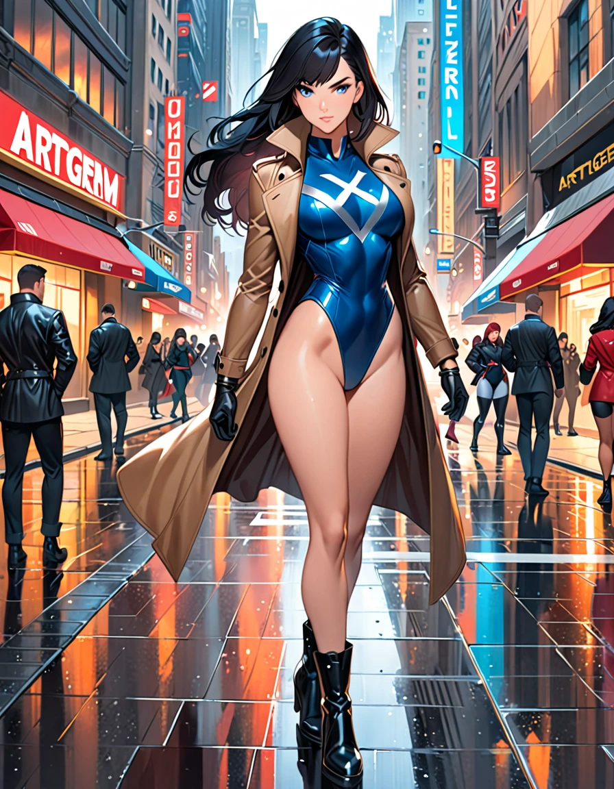 ((Full body photo, standing, on the floor)) anime girl in a red and black suit standing on a city street, extremely detailed artgerm, style artgerm, style ivan talavera and artgerm, krenz cushart and artgerm, range murata and artgerm, artgerm style, in the style artgerm, ig model | artgerm, artgerm detailed, black hair, long hair, medium hair, blue eyes, (leotard), bare legs, matching boots and gloves, superhero, bracelets, solo, solo focus, (silver (v) (symbol) on chest), (matching trench coat).