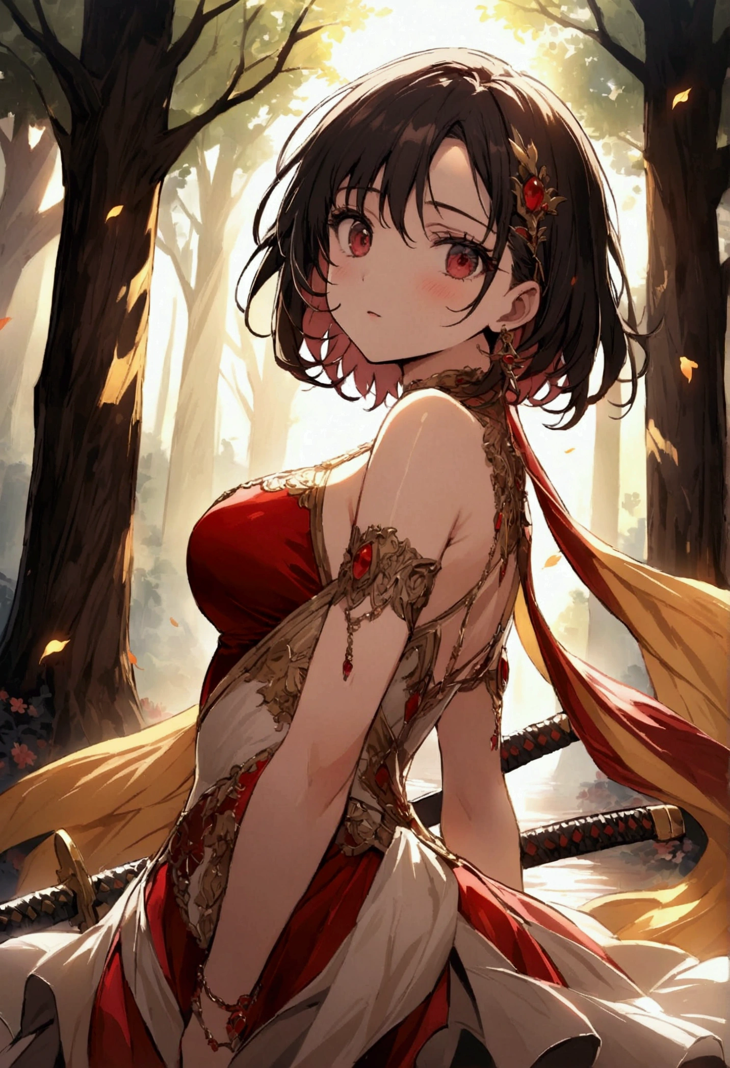 dark bloody atmosphere in oil paint in 32k full hd high quality, in a blood red Harlequin dress + Goddess Athena fusion phoenix holding a black bladed katana with golden handle, in a cherry blossom forest with a few rays of sunlight passing through the trees, she is hurt, And she has (Black flames) as his greatest power around him, in ART style yuseke Murata
