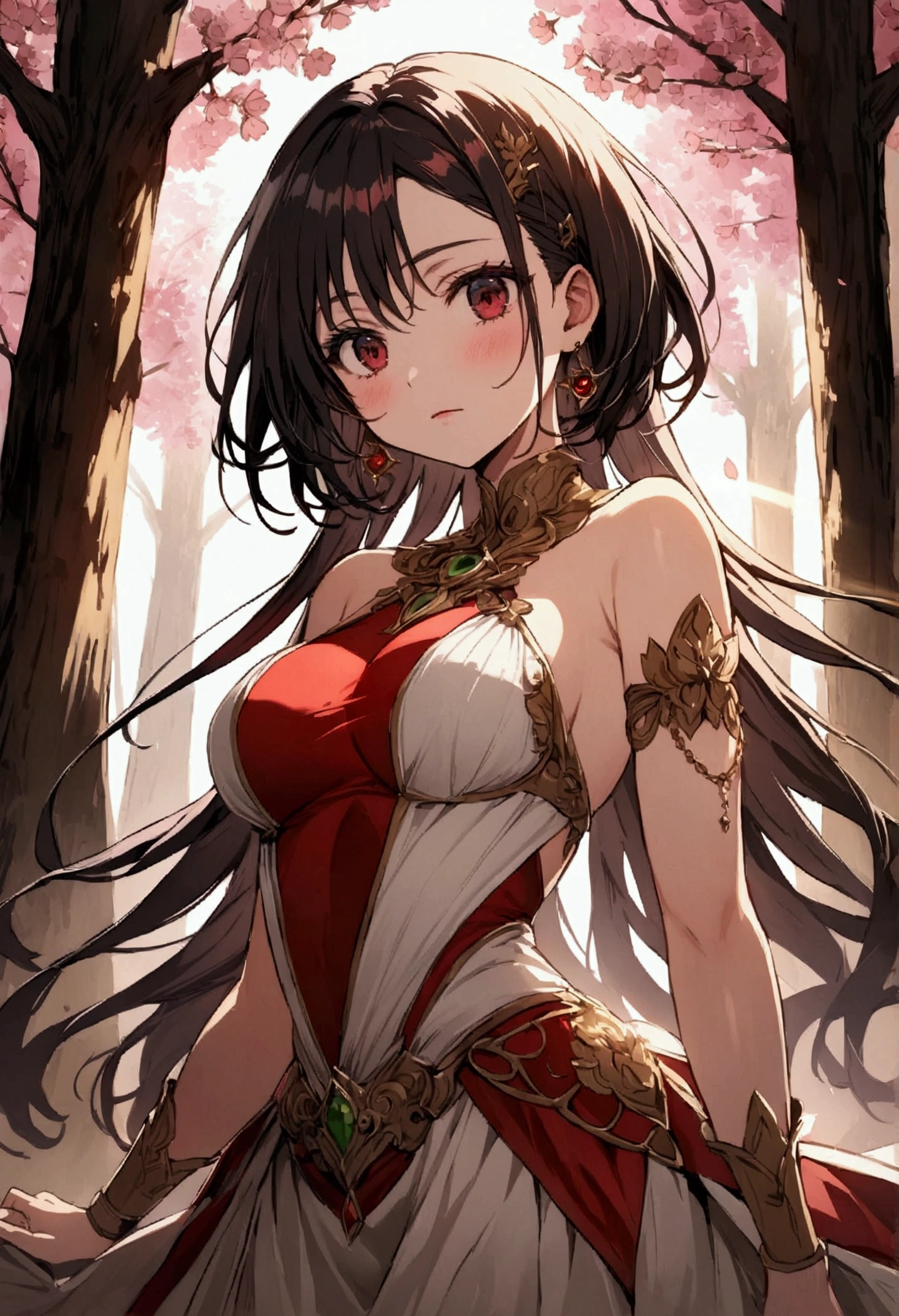 dark bloody atmosphere in oil paint in 32k full hd high quality, in a blood red Harlequin dress + Goddess Athena fusion phoenix holding a black bladed katana with golden handle, in a cherry blossom forest with a few rays of sunlight passing through the trees, she is hurt, And she has (Black flames) as his greatest power around him, in ART style yuseke Murata