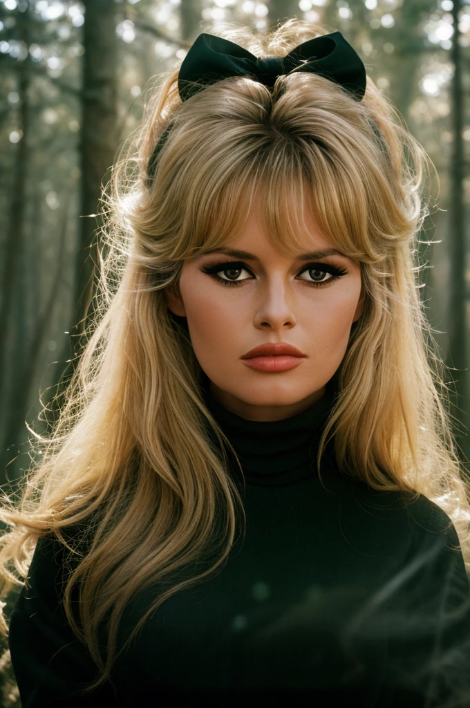 Detailed Photo of 1 bbardot woman with dark eye makeup and a black bow on her head, detailed face, Beautiful, Perfect Eyes, (highly detailed skin:1.1), perfect body, wearing a tight ribbed turtleneck, Professional Photography, Soft Lighting, Photorealistic, Realistic, ((Fog:1.2)), ((in a Forest background)), blurred background, volumetric fog, God Rays, Bokeh, RAW, analog style, sharp focus, 8k, high res, DSLR, high quality, Fujifilm XT3, film grain, award winning, stunning