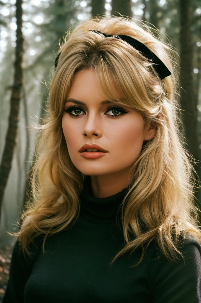 Detailed Photo of 1 bbardot woman with dark eye makeup and a black bow on her head, detailed face, Beautiful, Perfect Eyes, (highly detailed skin:1.1), perfect body, wearing a tight ribbed turtleneck, Professional Photography, Soft Lighting, Photorealistic, Realistic, ((Fog:1.2)), ((in a Forest background)), blurred background, volumetric fog, God Rays, Bokeh, RAW, analog style, sharp focus, 8k, high res, DSLR, high quality, Fujifilm XT3, film grain, award winning, stunning