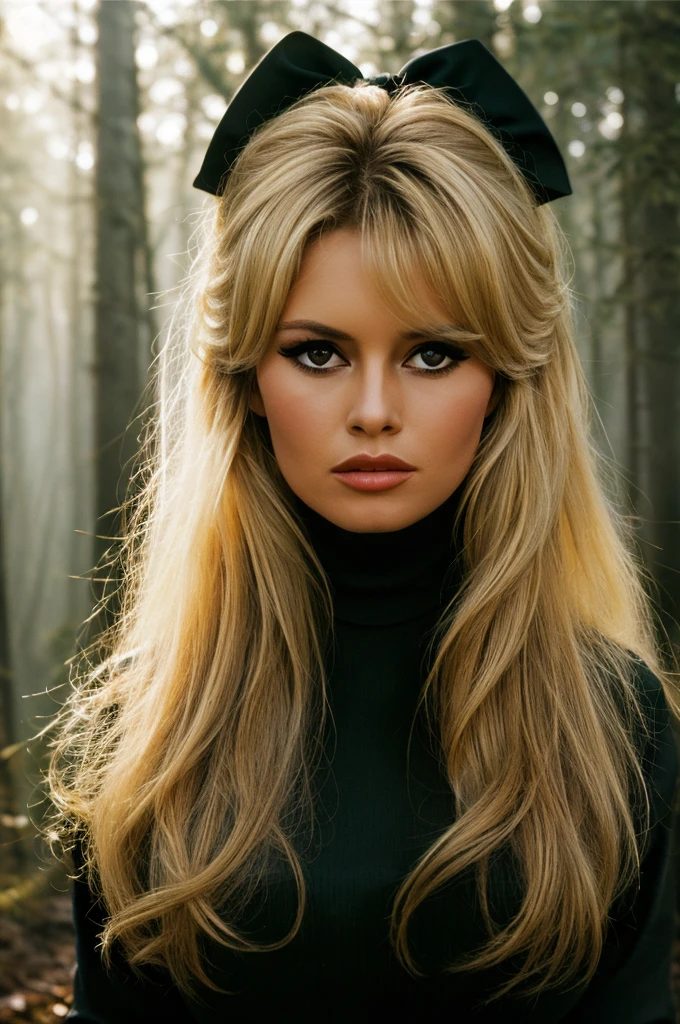 Detailed Photo of 1 bbardot woman with dark eye makeup and a black bow on her head, detailed face, Beautiful, Perfect Eyes, (highly detailed skin:1.1), perfect body, wearing a tight ribbed turtleneck, Professional Photography, Soft Lighting, Photorealistic, Realistic, ((Fog:1.2)), ((in a Forest background)), blurred background, volumetric fog, God Rays, Bokeh, RAW, analog style, sharp focus, 8k, high res, DSLR, high quality, Fujifilm XT3, film grain, award winning, stunning