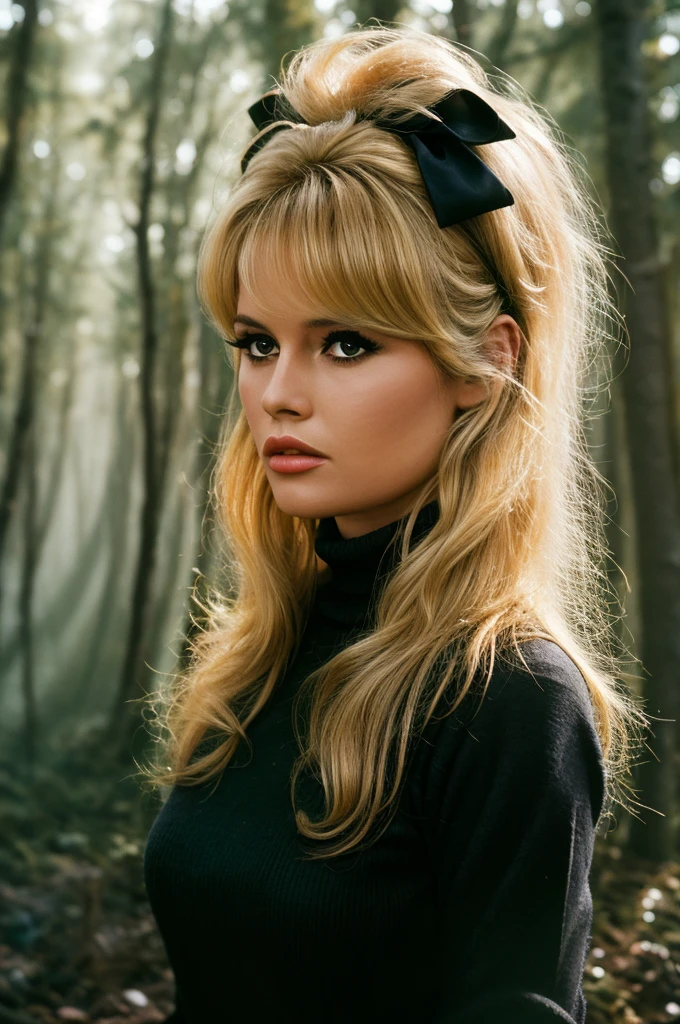 Detailed Photo of 1 bbardot woman with dark eye makeup and a black bow on her head, detailed face, Beautiful, Perfect Eyes, (highly detailed skin:1.1), perfect body, wearing a tight ribbed turtleneck, Professional Photography, Soft Lighting, Photorealistic, Realistic, ((Fog:1.2)), ((in a Forest background)), blurred background, volumetric fog, God Rays, Bokeh, RAW, analog style, sharp focus, 8k, high res, DSLR, high quality, Fujifilm XT3, film grain, award winning, stunning