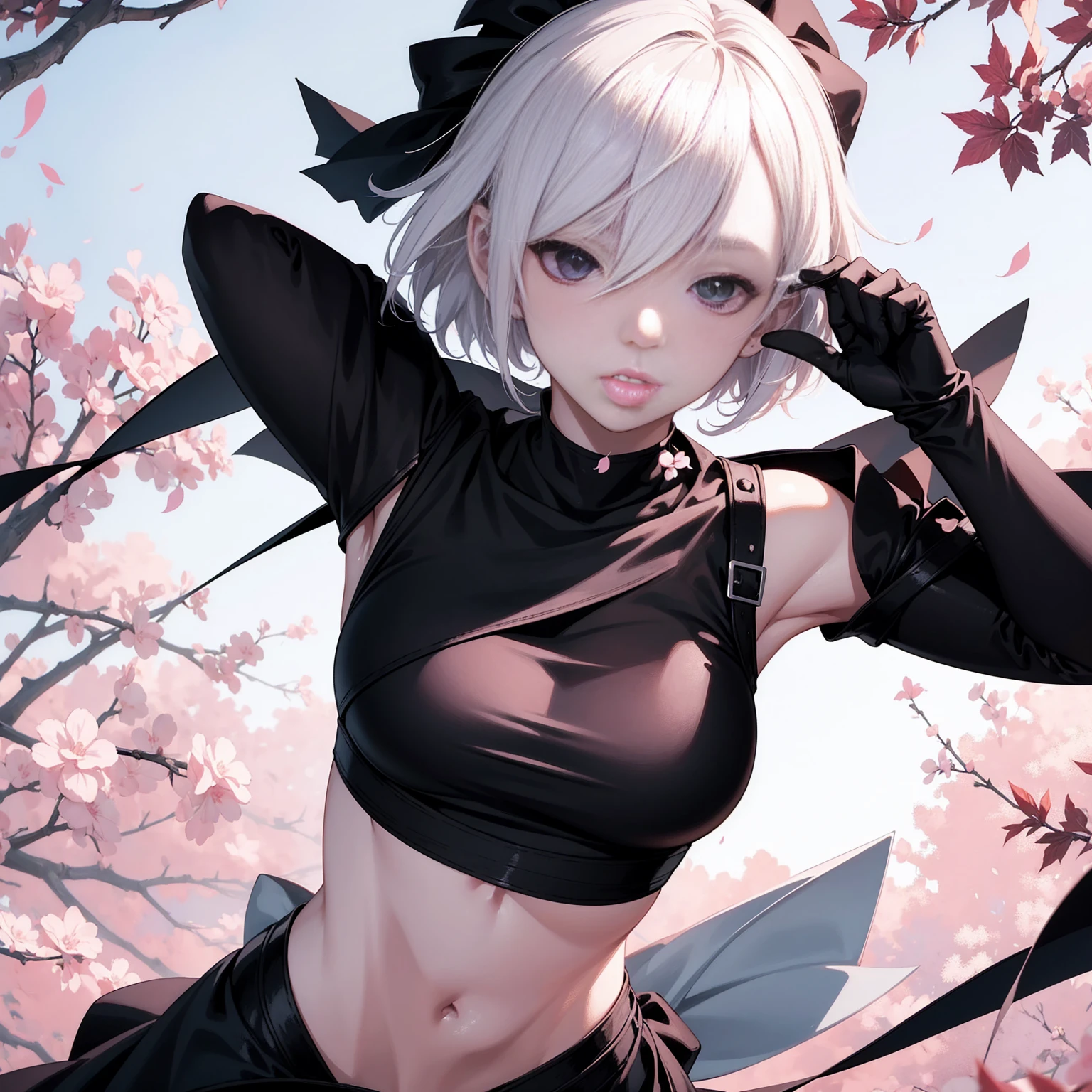 Woman, anime style, short white hair, black cloth blindfold over her eyes, with a white lollipop in her mouth, being held by her hand, her hands have black gloves, focus on the character's face only, in the wind, and with pastel colors background with pink peach leaves flying in the background.