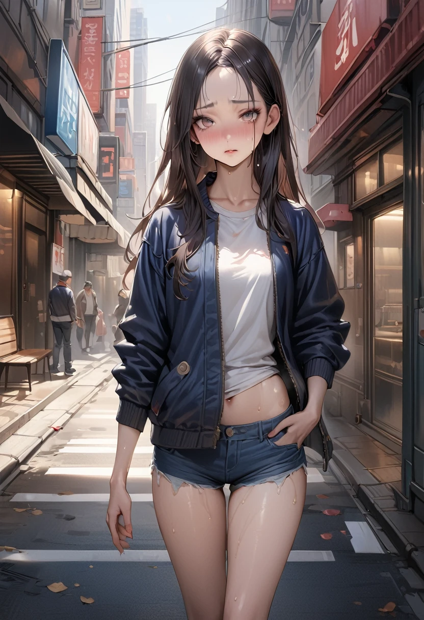 (((masterpiece,Highest quality:1.3,best quality illustration))),((realistic:1.2)),cowboy shot,独奏,1woman,(Mature Beauty),black hair,straight long hair,forehead,center parted bangs,black eyes,(gorgeous big eyes),((very small head:1.2)),shy,((very long body,skinny,slender body)),((Navy blue baseball jacket)),small breasts,gleaming skin,oily skin,sweat,denim micro shorts,Wearing a white tank top and a blouson,on street,New York City、