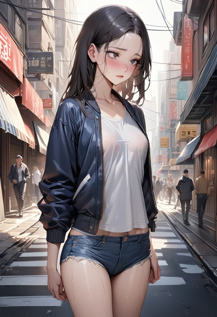 (((masterpiece,Highest quality:1.3,best quality illustration))),((realistic:1.2)),cowboy shot,独奏,1woman,(Mature Beauty),black hair,straight long hair,forehead,center parted bangs,black eyes,(gorgeous big eyes),((very small head:1.2)),shy,((very long body,skinny,slender body)),((Navy blue baseball jacket)),small breasts,gleaming skin,oily skin,sweat,denim micro shorts,Wearing a white tank top and a blouson,on street,New York City、