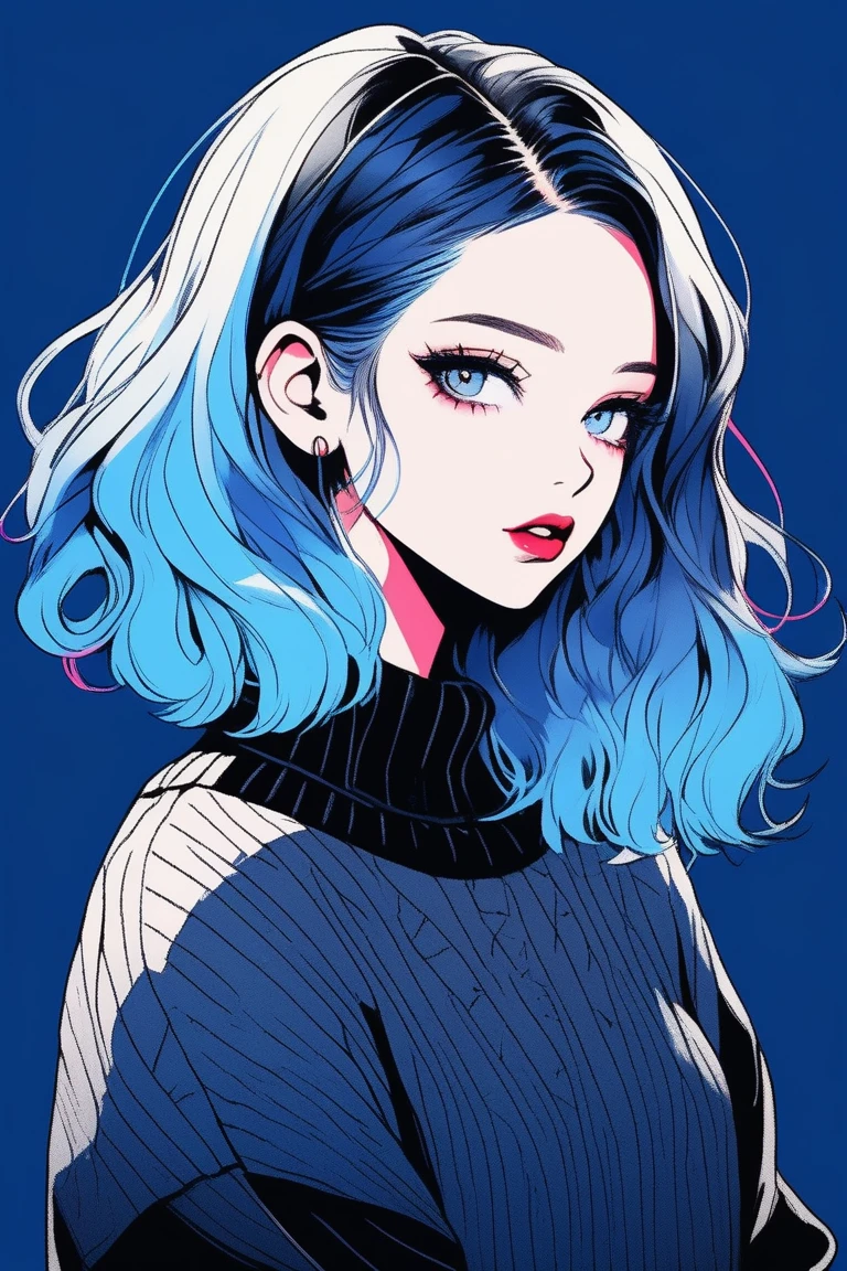 (Best quality, sketch:1.2),realistic,illustrator,anime,1 girl, detailed lips,sweater,custom,Blue gradient background,neon hair,Textured trim,Canadian, masterpiece, retro classic style, dark black 
