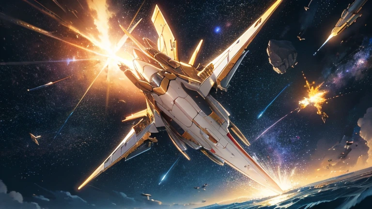 shooting star,Golden Space Battleship,perfect battleship,detailed battle ship,Break the battleship is flying in 宇宙,Break background in space,detailed background,masterpiece,best quality,super detailed,super fine illustration,8k,dynamic angle,