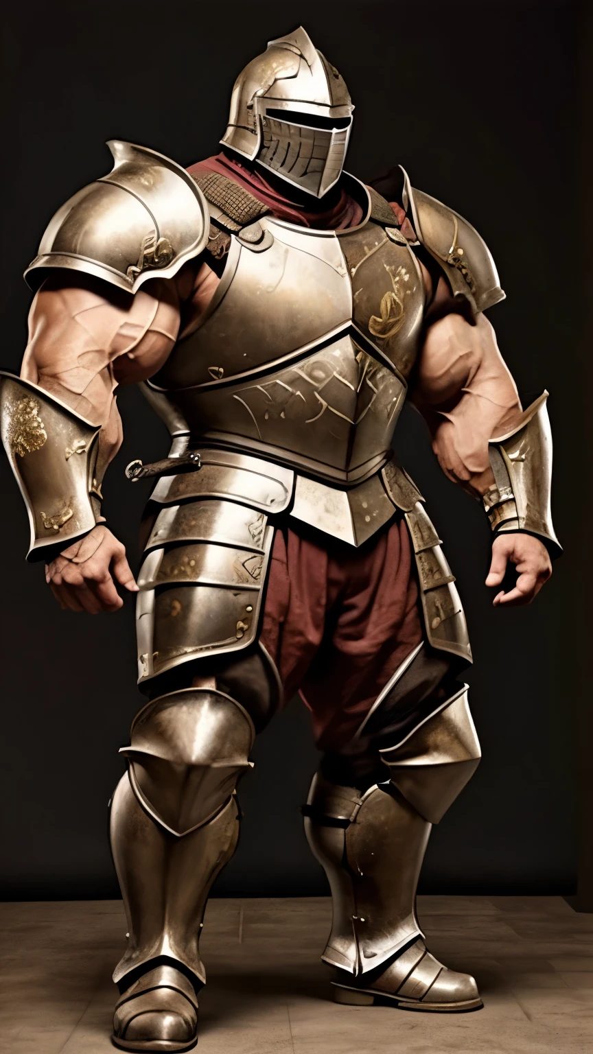 full-body shot，Man in armor，Wearing armor iron boots，Light brown fabric，Exaggerated muscles, Very muscular, Exaggerated physique，Huge physique，Big， Unbelievably large