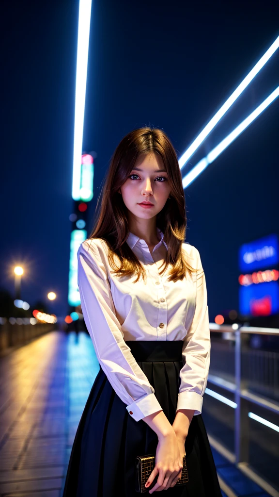 color photography of 27 years old (Polish woman:1.3), elegant, (in city promenade:1.3), at night, flat lighting, (soft saturation:1.2), analog style,girl from korea, black hair