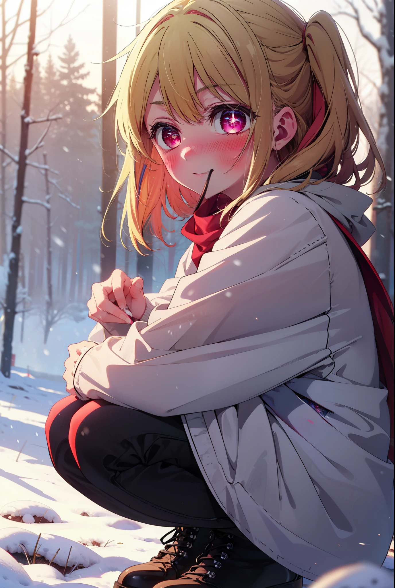 rubyhoshino, Hoshino Ruby, Long Hair, bangs, blonde, (Pink Eyes:1.3), Side Lock, (Symbol-shaped pupil:1.5), Multicolored Hair, Two-tone hair, smile,,smile,blush,white breath,
Open your mouth,snow,Ground bonfire, Outdoor, boots, snowing, From the side, wood, suitcase, Cape, Blurred, , forest, White handbag, nature, Squat, Mouth closed, Cape, winter, Written boundary depth, Black shoes, red Cape break looking at viewer, Upper Body, whole body, break Outdoor, forest, nature, break (masterpiece:1.2), Highest quality, High resolution, unity 8k wallpaper, (shape:0.8), (Beautiful and beautiful eyes:1.6), Highly detailed face, Perfect lighting, Highly detailed CG, (Perfect hands, Perfect Anatomy),