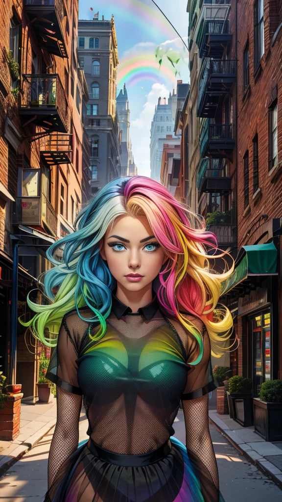 Mature teenage girl, curly blonde rainbow coloured hair, ((black mesh see through shirt)), tutu skirt, fishnet stockings, partially nude, Caucasian, ((one blue eye, one green eye))