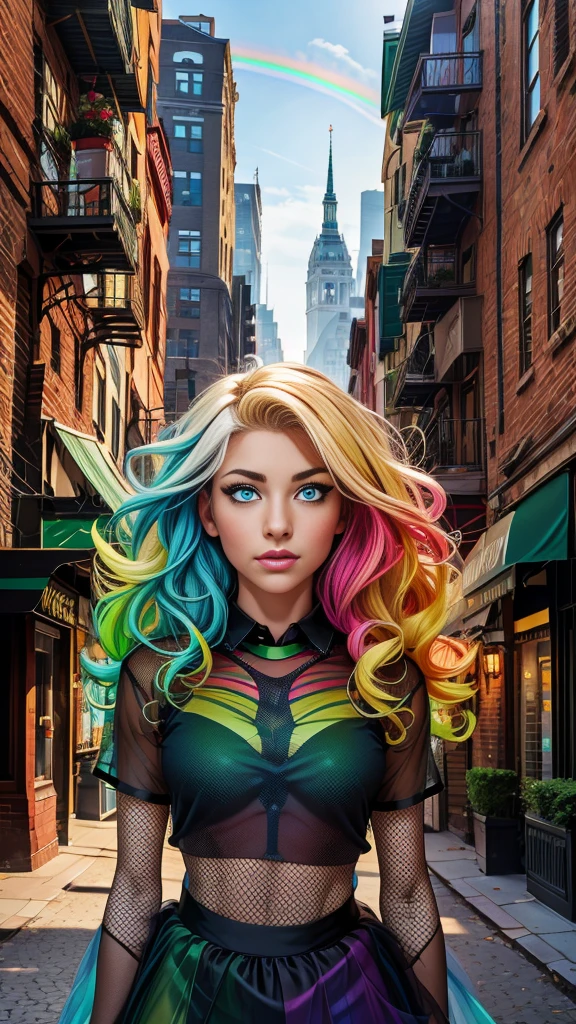 Mature age girl, curly blonde rainbow coloured hair, ((black mesh see through shirt)), tutu skirt, fishnet stockings, partially nude, Caucasian, ((one blue eye, one green eye))