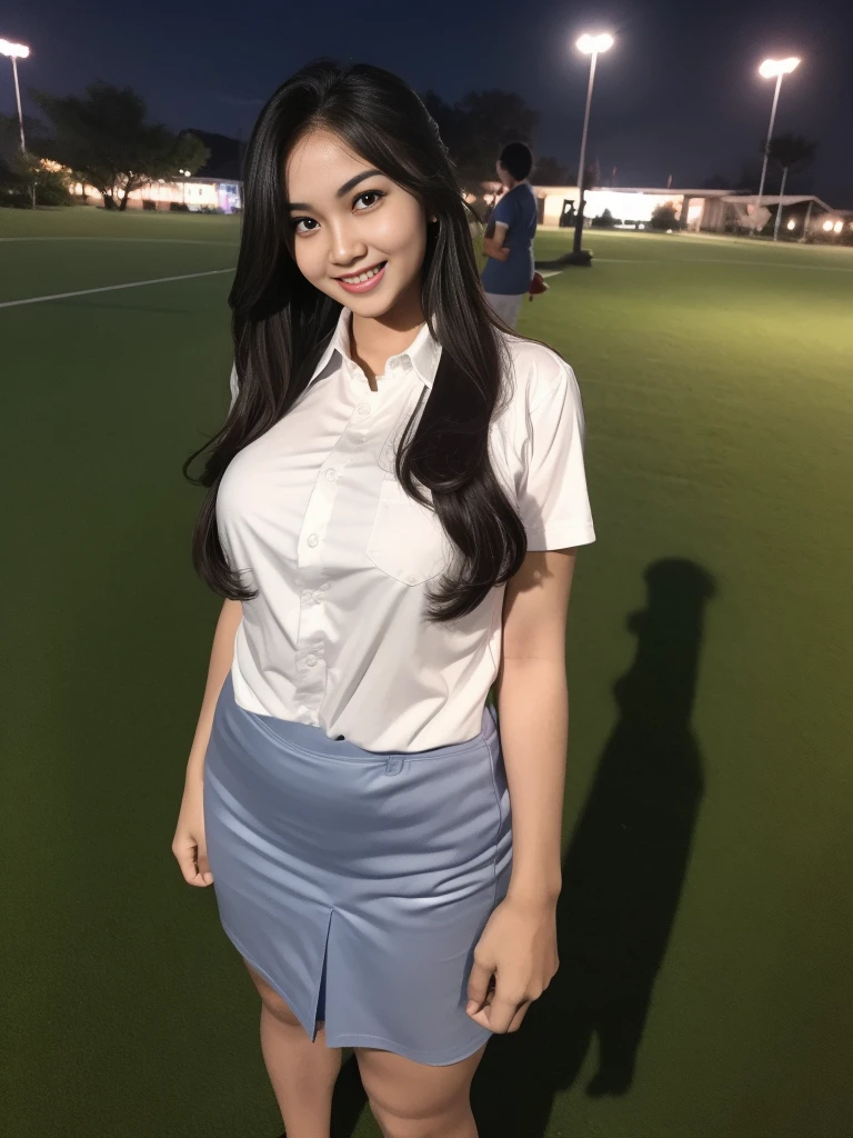 Girl, solo, 19 years old, (Indonesian_high_school_uniform), standing, outdoors, night view, Metropolitan city at the background, detailed face, detailed eyes, (seductive smile:1.1), thick breasts, shiny realistic skin, tight white shirt, grey blue short skirt, looking at the audience, hands on the back, (8k, RAW photo, best quality, masterpiece: 1.2), (realistic, realistic: 1.37), ultra-high resolution, (ultra wide angle shot:1.35)