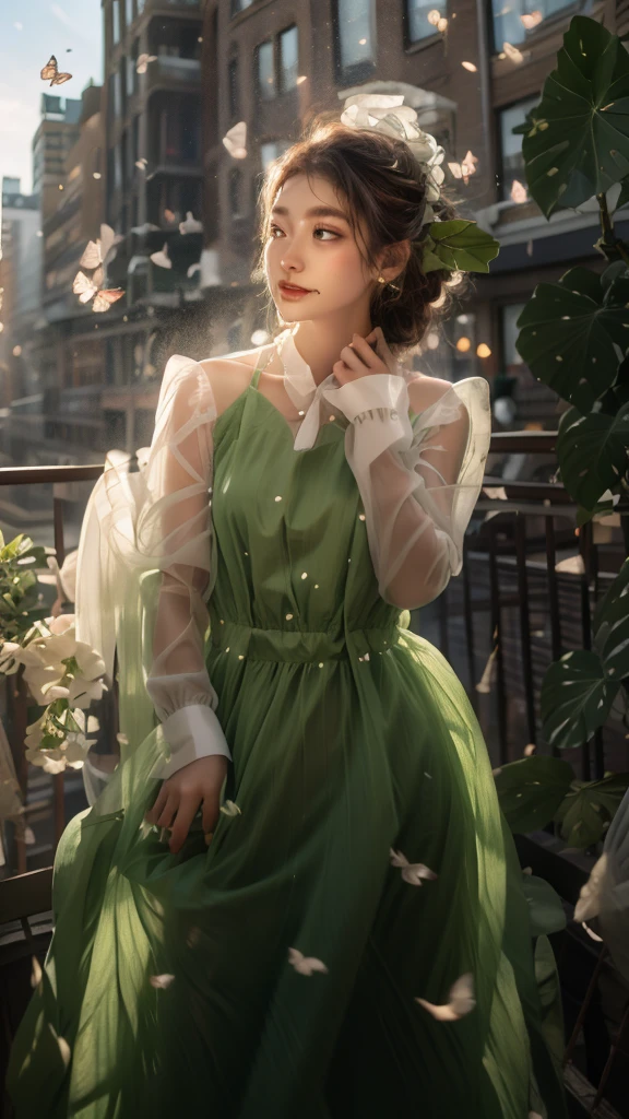 (Beautiful and bright girl:1.2),(Black Hair:1.1),Wearing a white wedding dress,happiness,smile,vitality,
white butterfly,(Red rose vine:1.2),(fresh green plants:1.1),Gentle sunlight,(masterpiece:1,2), Highest quality, masterpiece, High resolution, original, Highly detailed wallpaper, Perfect lighting,(Highly detailed CG:1.2ï¼‰