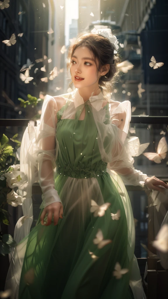 (Beautiful and bright girl:1.2),(Black Hair:1.1),Wearing a white wedding dress,happiness,smile,vitality,
white butterfly,(Red rose vine:1.2),(fresh green plants:1.1),Gentle sunlight,(masterpiece:1,2), Highest quality, masterpiece, High resolution, original, Highly detailed wallpaper, Perfect lighting,(Highly detailed CG:1.2ï¼‰