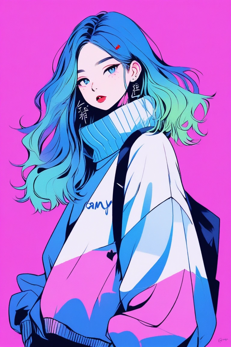 illustrator, Japanese cartoons , Practical ,sketch , 1 girl, ,lips, sweater,order, Blue gradient background, neon hair,Textured finish, Canada, (masterpiece,Best quality) Ganyu