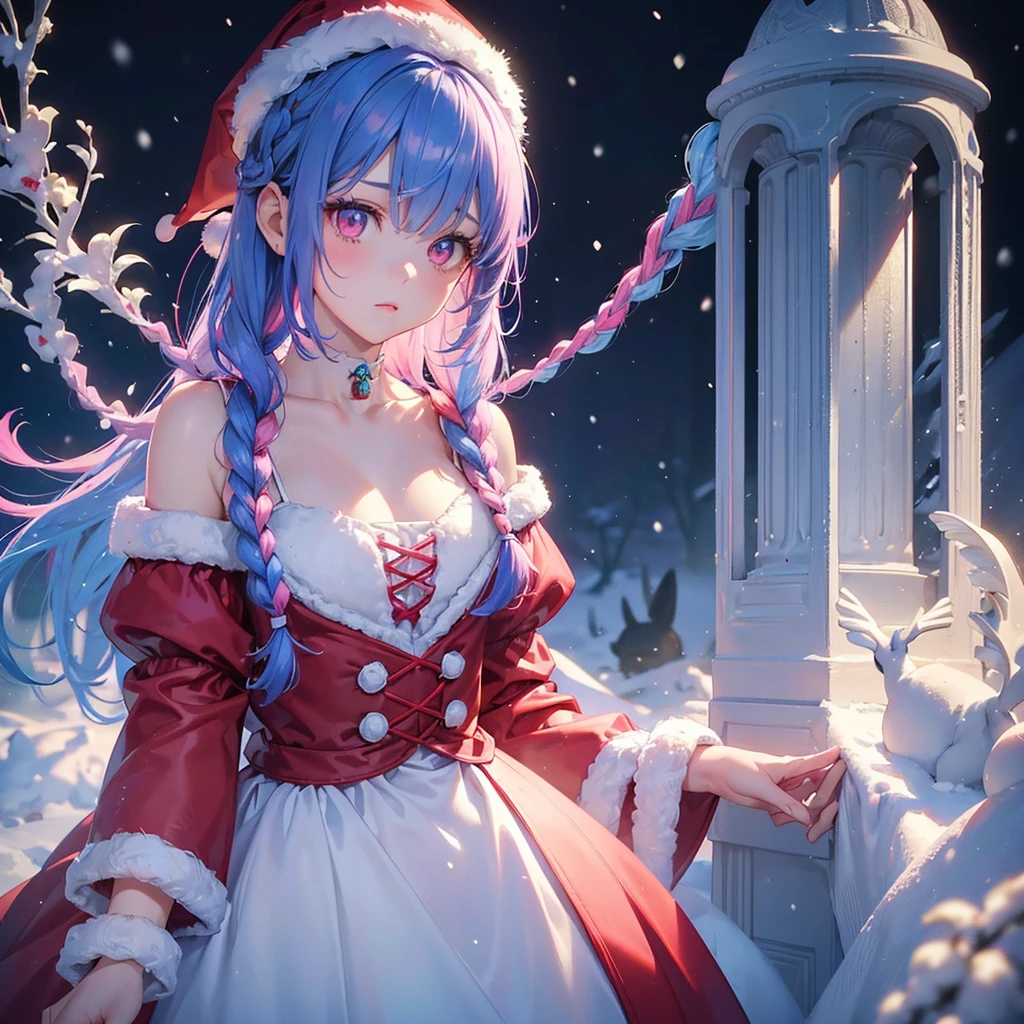 Sky Blue Medium Hair, (Braided Hair),(Pink Eyes),Fair skin ,(whole body),(1 girl)、Christmas、Santa Costume、present、Straight bangs,(masterpiece, Highest quality, Very detailed, Best Shadow), (Detailed Background), (Beautifully detailed face), High Contrast, (Best lighting, Very delicate and beautiful), ((Cinematic Light)), colorful, Hyper Detail, Dramatic Light, Intricate details,snow、