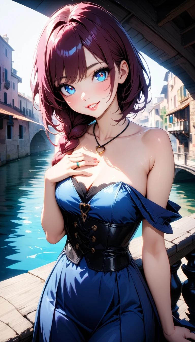 (masterpiece, very aesthetic:1.4), highres, highly detailed, best quality, absurdres, Accurate, 8K resolusion, stunning, stylized,
cinematic, vibrant color, clear picture, clean lines, recent, delicate details,
upper body,
BREAK
a beautiful girl, 18yo, (small face), beautiful detailed face,
The beauty and danger of growing from a girl to an adult, A symbol of miraculous beauty, Graceful posture, sensual, bewitching woman, leggy,
narrow waist, (cleavage:0.8), curvy, (burgundy hair, glossy hair, single long braid hair:1.4), asymmetrical bangs,
BREAK
(aqua blue eyes), black oblong pupils, slant eyes, (glass-like sparkling eyes are blurry and dreamy, beautiful detailed eyes, long delicate eyelashes),
BREAK
(navy blue dress, off shoulder, Strapless dress, Sleeveless, black corset:1.4), (1 tiny heart-shaped golden ring pendant:1.3),
BREAK
outdoors, A city resembling Venice with canals, (Leaning against the railing of a bridge over a large river),
sunny afternoon, bright lighting, Blown by the gentle wind, light leaks, Soft sunlight that induces afternoon drowsiness,
BREAK
(gorgeous lips, natural pink lips, heart-shaped lips, beautiful detailed lips, Glossy, open mouth),
(attractive smile:1.3), (looking side glance), (left hand on own chest:1.3),