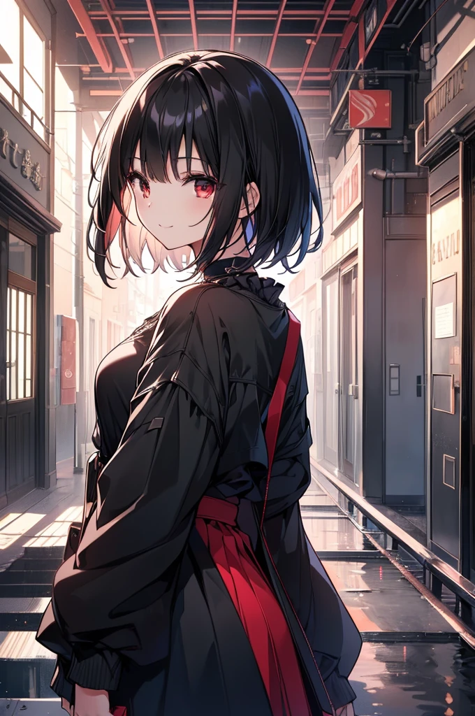 (masterpiece, highest quality, highest quality, (No text), Beautiful and aesthetic:1.2),No text,アニメ、BREAK,One Girl,Black Hair Girl short hair older sister choker Beautiful eyes Red eyes cool smile Red and Black Black jacket mini skirt whole body In town