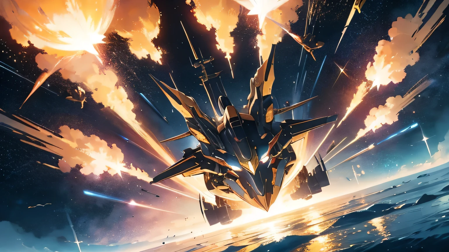 shooting star,Golden Space Battleship,perfect battleship,detailed battle ship,Break the battleship is flying in 宇宙,Break background in space,detailed background,masterpiece,best quality,super detailed,super fine illustration,8k,dynamic angle,