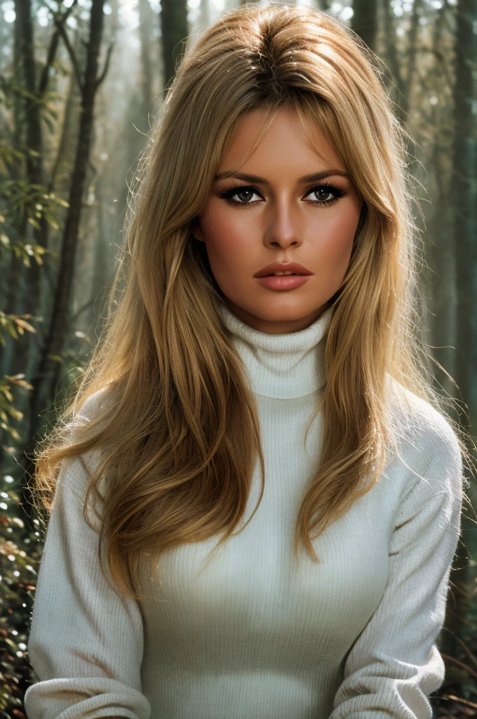 Detailed Photo of 1 bbardot woman with dark eye makeup, detailed face, Beautiful, Perfect Eyes, (highly detailed skin:1.1), perfect body, wearing a cream tight ribbed turtleneck, Professional Photography, Soft Lighting, Photorealistic, Realistic, ((Fog:1.2)), ((in a Forest background)), blurred background, volumetric fog, God Rays, Bokeh, RAW, analog style, sharp focus, 8k, high res, DSLR, high quality, Fujifilm XT3, film grain, award winning, stunning