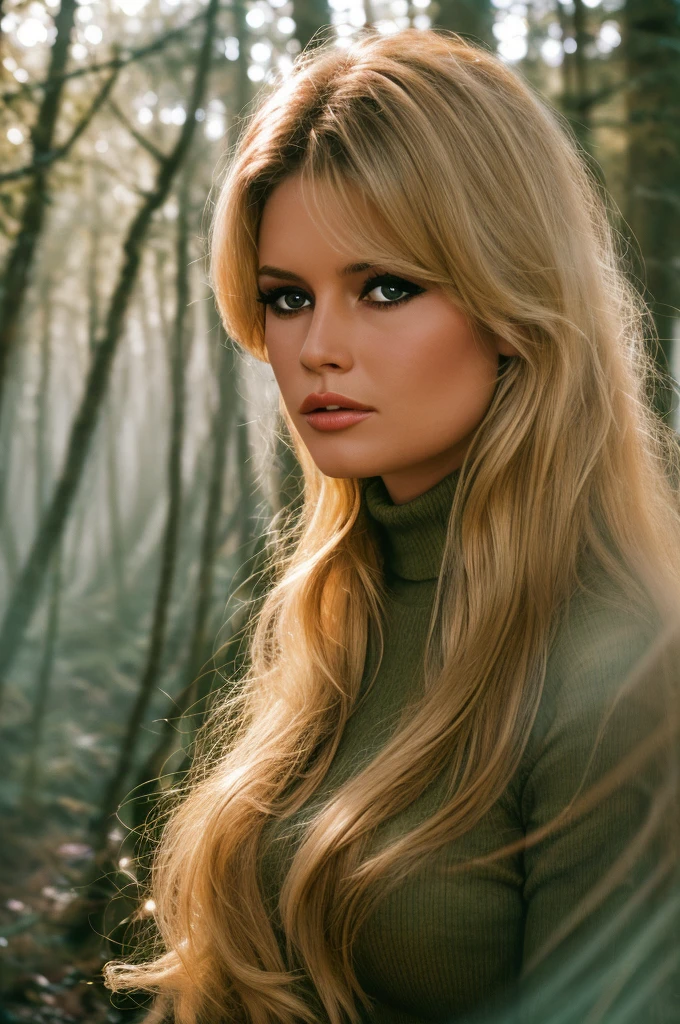 Detailed Photo of 1 bbardot woman with dark eye makeup, detailed face, Beautiful, Perfect Eyes, (highly detailed skin:1.1), perfect body, wearing a cream tight ribbed turtleneck, Professional Photography, Soft Lighting, Photorealistic, Realistic, ((Fog:1.2)), ((in a Forest background)), blurred background, volumetric fog, God Rays, Bokeh, RAW, analog style, sharp focus, 8k, high res, DSLR, high quality, Fujifilm XT3, film grain, award winning, stunning