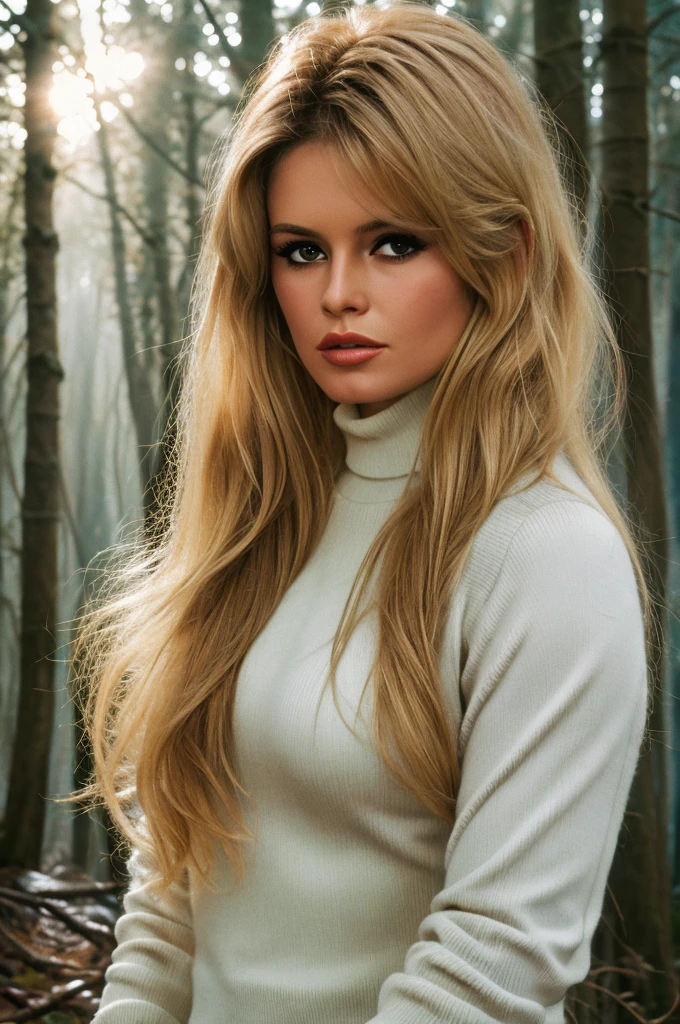 Detailed Photo of 1 bbardot woman with dark eye makeup, detailed face, Beautiful, Perfect Eyes, (highly detailed skin:1.1), perfect body, wearing a cream tight ribbed turtleneck, Professional Photography, Soft Lighting, Photorealistic, Realistic, ((Fog:1.2)), ((in a Forest background)), blurred background, volumetric fog, God Rays, Bokeh, RAW, analog style, sharp focus, 8k, high res, DSLR, high quality, Fujifilm XT3, film grain, award winning, stunning