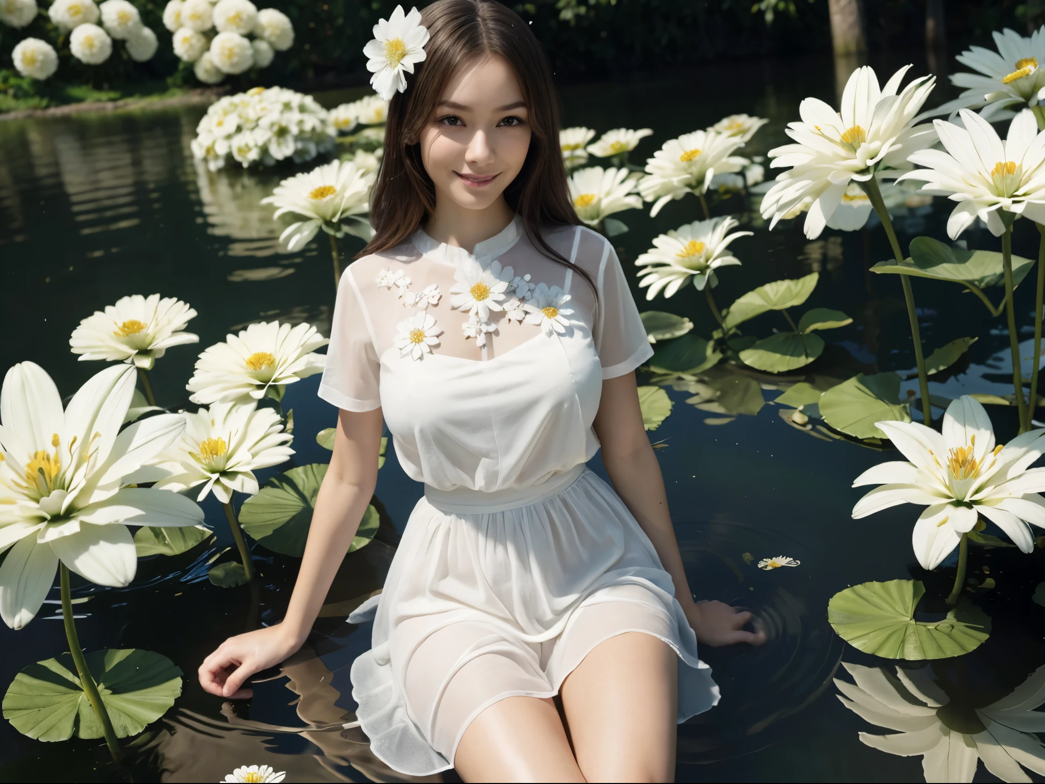 1girl, see-through blouse, short sleeve, (tyndall effect:1.2), detailed face, looking at viewer, gentle smile, side lighting, (masterpiece:1.4), best quality, high resolution, cinematic lighting, (white flower:1.4) inside kintsugi lacquer vase, on water, (water reflection:1.2), super details, sharp focus, natural lighting, depth of field, vibrant, water ripples, gigantic breasts,