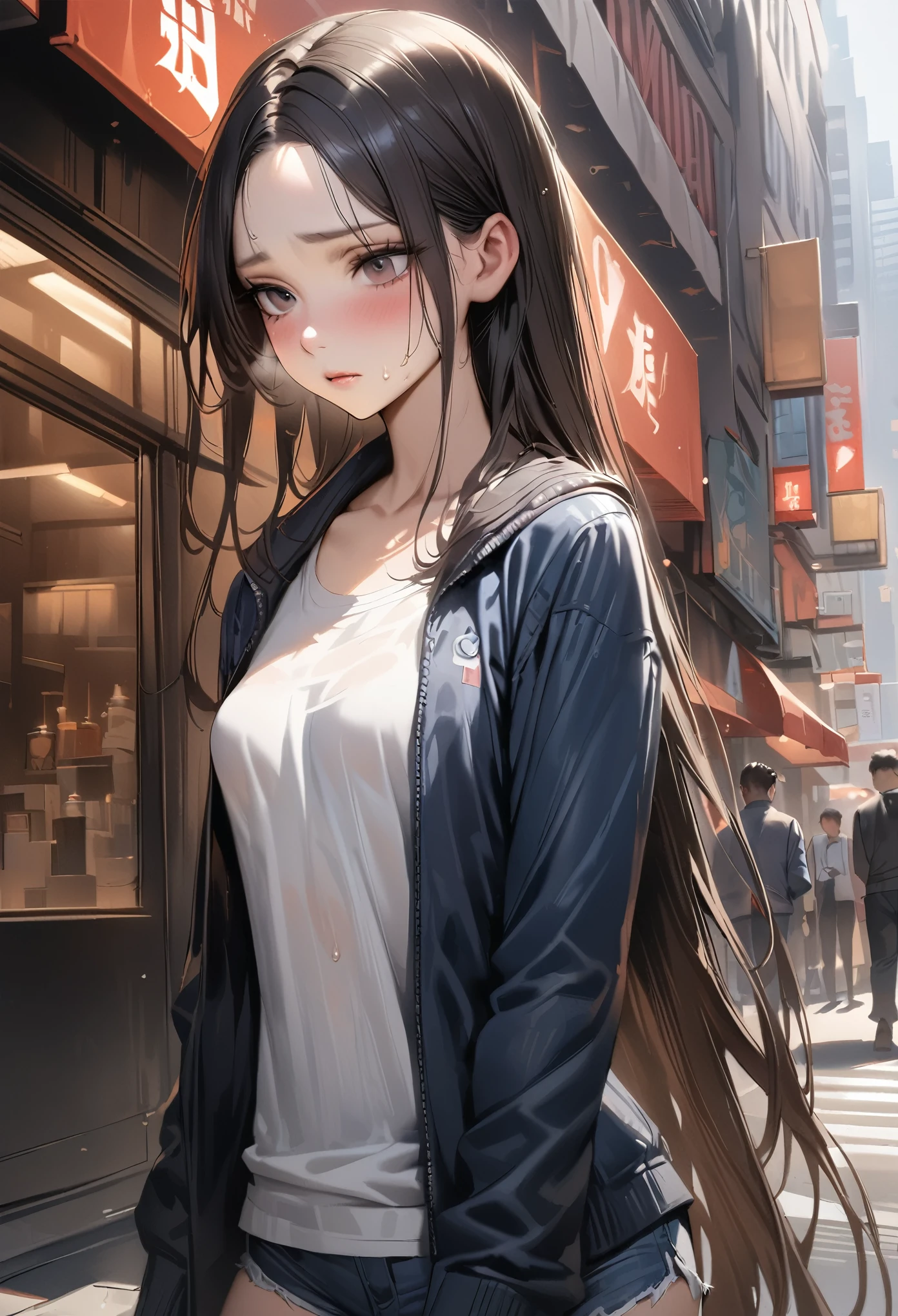 (((masterpiece,Highest quality:1.3,best quality illustration))),((realistic:1.2)),cowboy shot,独奏,1woman,(Mature Beauty),black hair,straight long hair,forehead,center parted bangs,black eyes,(gorgeous big eyes),((very small head:1.2)),shy,((very long body,skinny,slender body)),((Navy blue baseball jacket)),small breasts,gleaming skin,oily skin,sweat,denim micro shorts,Wearing a white tank top and a blouson,on street,New York City、