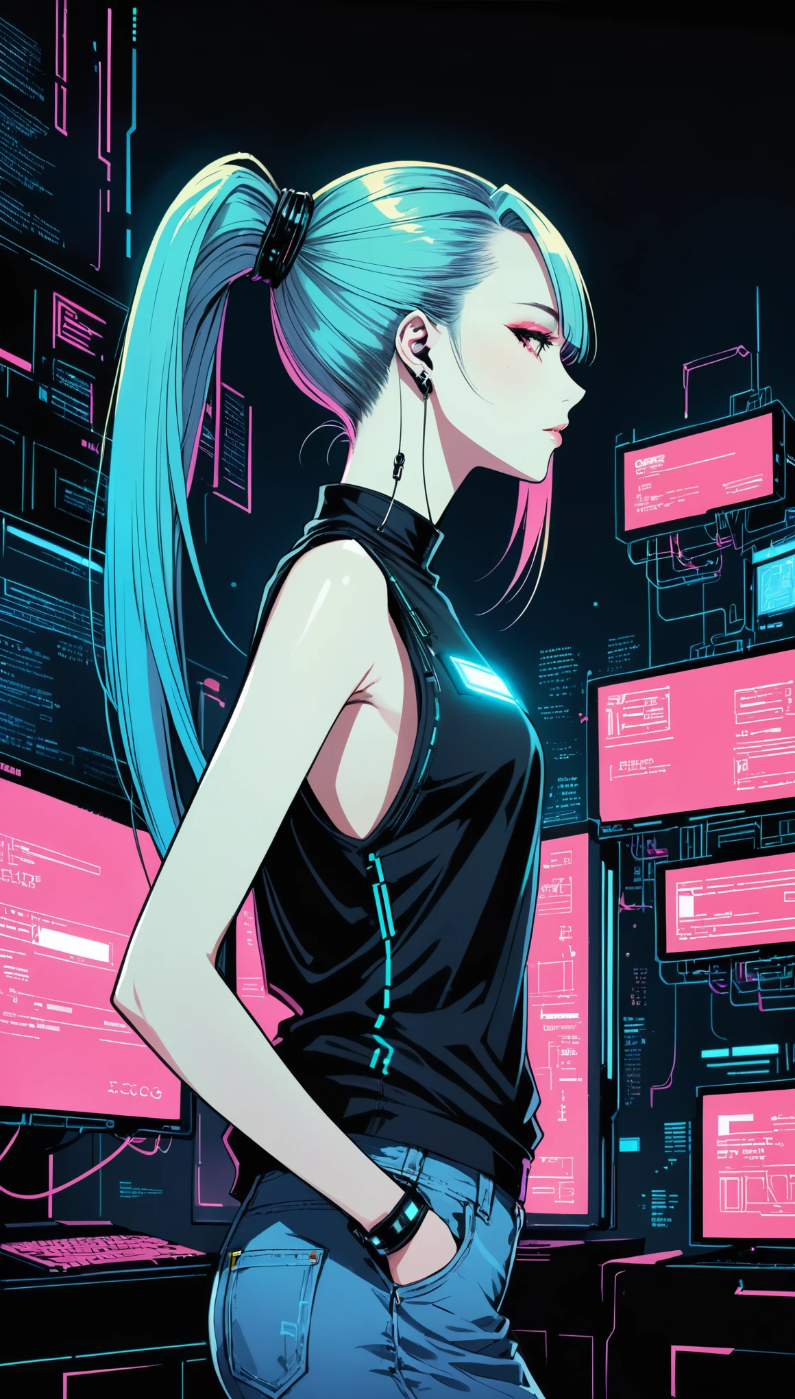 in style of Santiago Caruso,1girl,solo,Blue Background,oversize ,Hip-hop style,Black Plaid Sleeveless T-Shirt,jeans,One hand behind your back,looking at viewer,(Soft and straight cyberpunk hair:1.5)glowing fluorescent hair,Simple style,wide angle,Dynamic Angle,Slanted screen composition,(bangs_pinned_back:1.5),(head_tilt:1.7),blush visible through hair