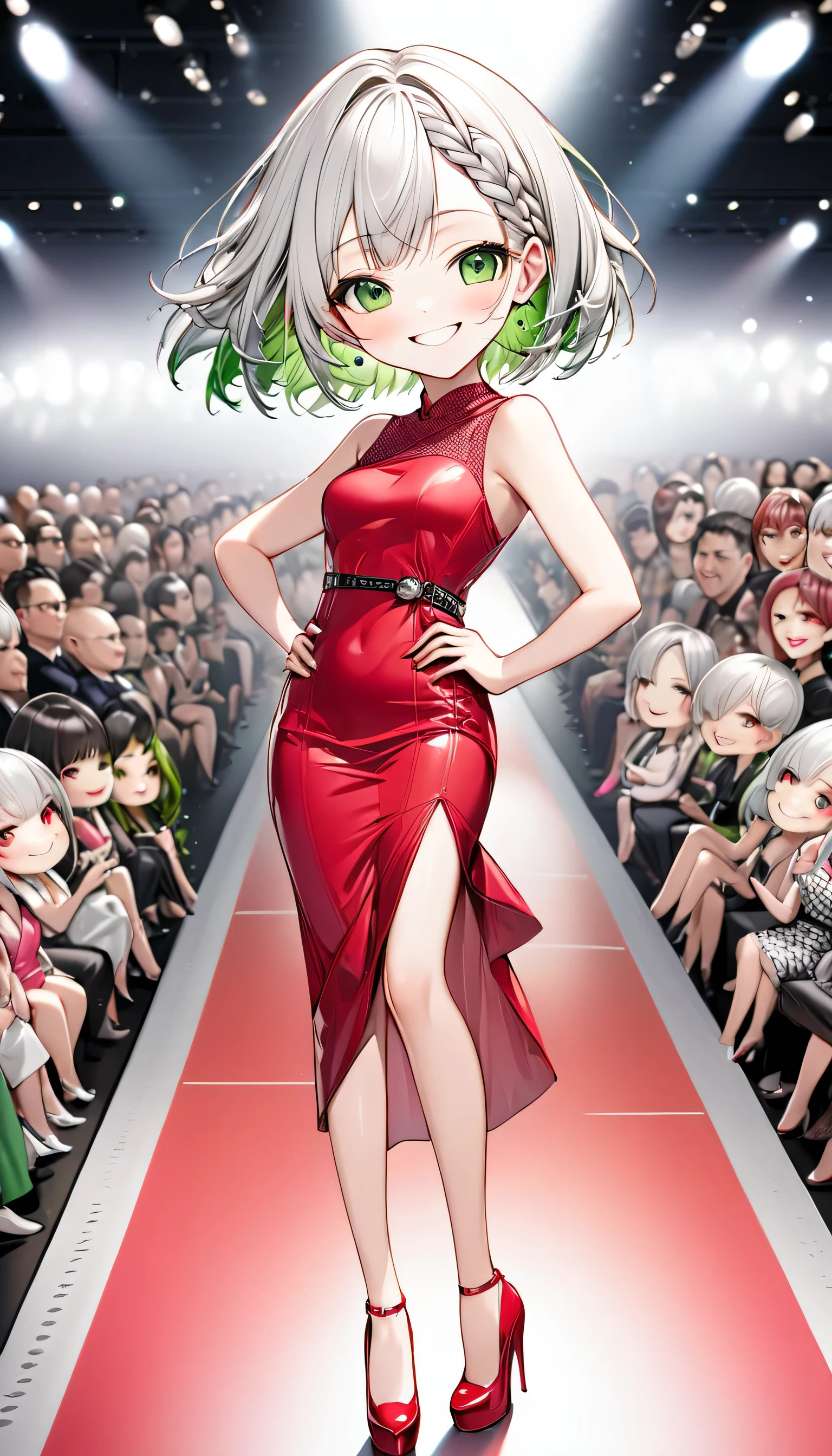 Highest quality, High resolution, Detailed Background, Beautiful face in every detail, Anatomically correct, Detailed facial expressions, fine grain、((From the side)), break ((One Girl, Chibi Girl)), (fashion model), silver Hair, beautiful clear big green eyes, (light makeup, pink rip:1.2, full rip:1.2), Braided Bob, break (Sleeveless super shiny tight red dress, high heel, ((background is a runway with  a large audience)), Very big smile, ((model's pose:1.3))