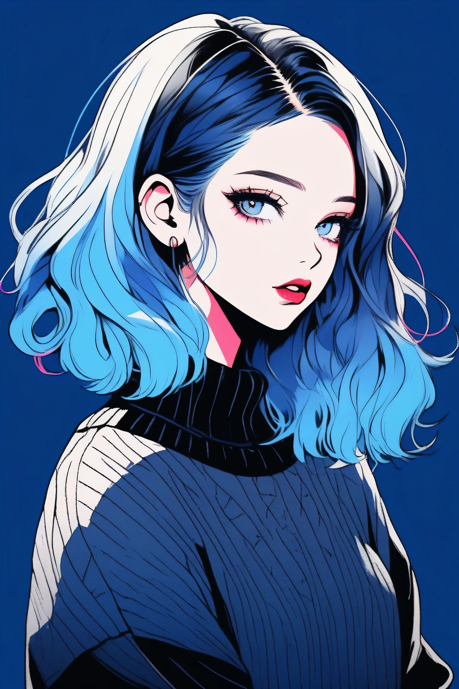 (Best quality, sketch:1.2),realistic,illustrator,anime,1 girl, detailed lips,sweater,custom,Blue gradient background,neon hair,Textured trim,Canadian, masterpiece, retro classic style, dark black 