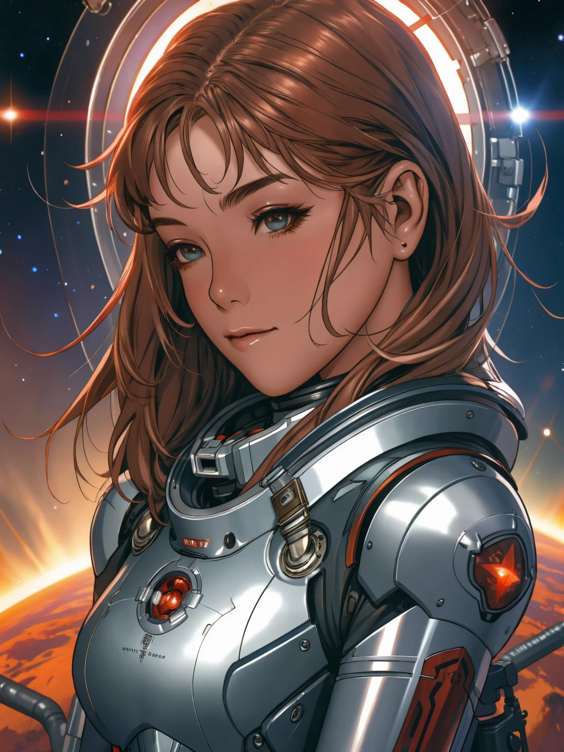 Digital portrait of a marine woman in space, pronounced feminine features, Silver alloy metal and red heavy space armor, In the wilderness, detailded, film composition, Power Space Armor, details Intricate, weirdcore, Altamente detailded, 8k, arte de artgerm y greg rutkowski y alphonse mucha, Blurry, reflective metallic, 4K, 8k