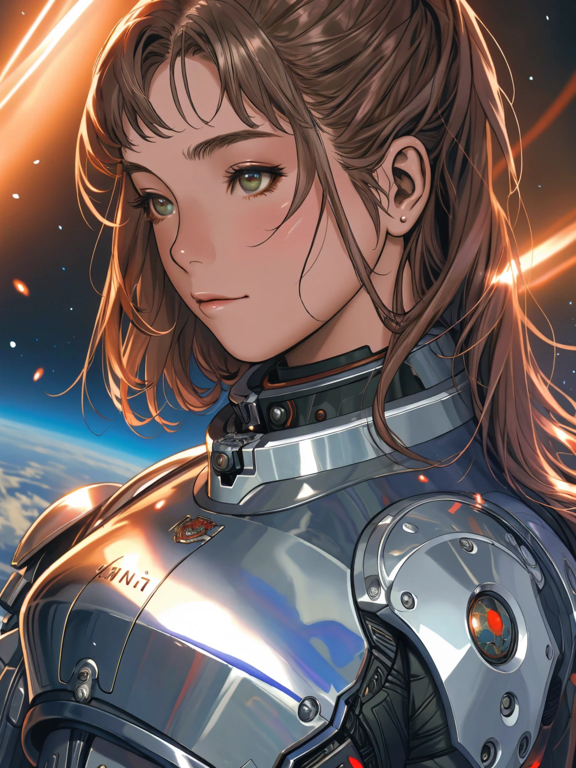 Digital portrait of a marine woman in space, pronounced feminine features, Silver alloy metal and red heavy space armor, In the wilderness, detailded, film composition, Power Space Armor, details Intricate, weirdcore, Altamente detailded, 8k, arte de artgerm y greg rutkowski y alphonse mucha, Blurry, reflective metallic, 4K, 8k