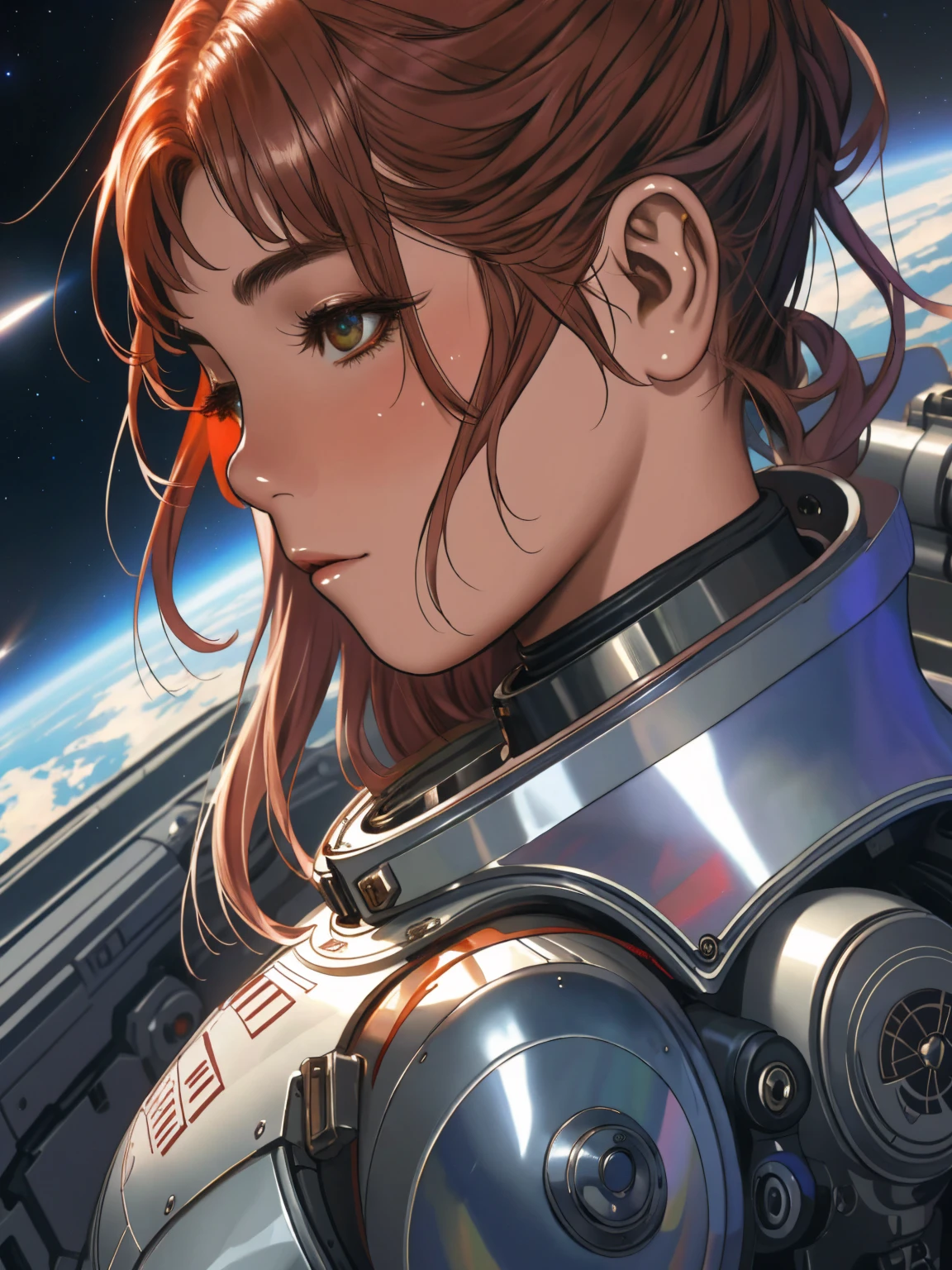 Digital portrait of a marine woman in space, pronounced feminine features, Silver alloy metal and red heavy space armor, In the wilderness, detailded, film composition, Power Space Armor, details Intricate, weirdcore, Altamente detailded, 8k, arte de artgerm y greg rutkowski y alphonse mucha, Blurry, reflective metallic, 4K, 8k