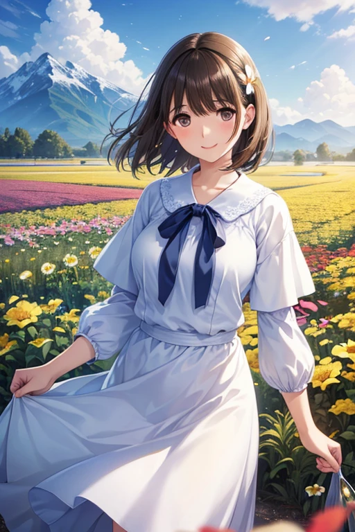 anegasaki nene、Shiny brown hair, short hair, (Beautiful brown eyes、Sparkling eyes, Fine grain)、smile、Ultra-detailed eyes、Very detailed顔, Very detailed目,


Highest quality、masterpiece、High sensitivity、High resolution、Detailed Description、Cowboy Shot、
One Girl, Dynamic Angle, Clouds and mountains, (Flower Field:1.4) In the foreground, White Dress, Light Tracing, (Floating colorful wind:1) (Realistic:1.4), Official Art, unity 8k wallpaper, Very detailed, beautifully、beautiful, masterpiece,Highest quality, Glowing Skin, Cinema Lighting, 軽いsmile