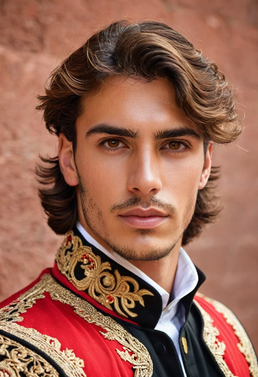 Young handsome Spanish man with light brown eyes, light brown hair, and masculine build. He is wearing a Spanish matador attire. 