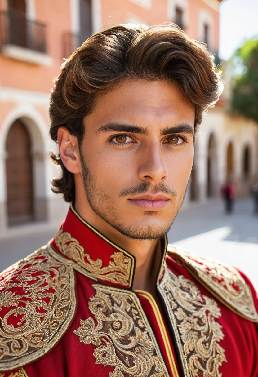 Young handsome Spanish man with light brown eyes, light brown hair, and masculine build. He is wearing a Spanish matador attire. 