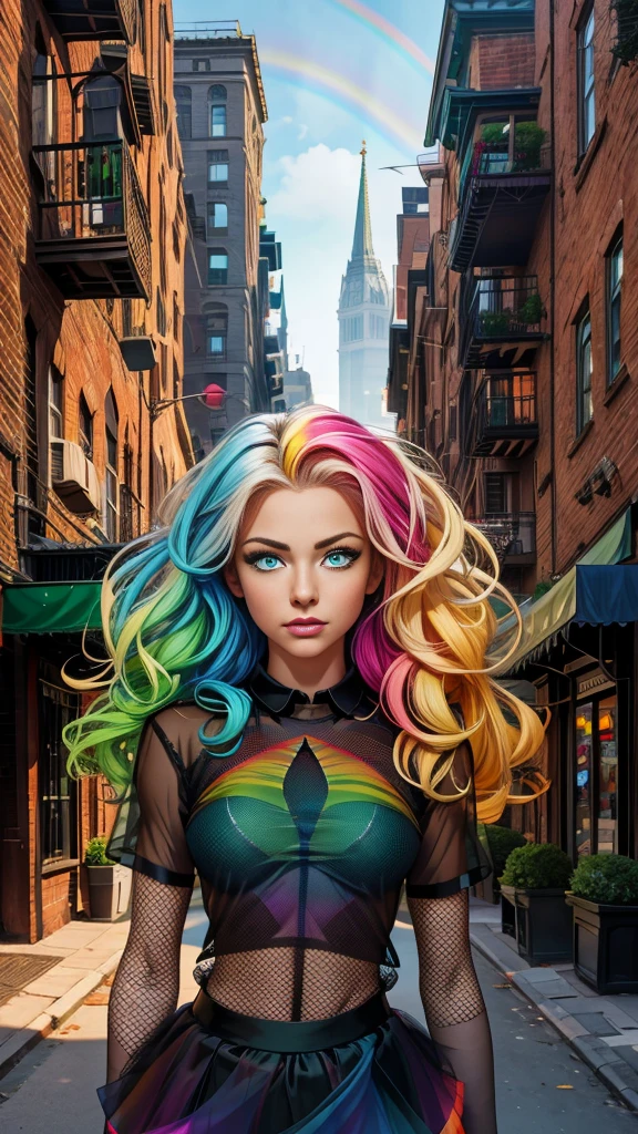 Mature age girl, curly blonde rainbow coloured hair, ((black mesh see through shirt)), tutu skirt, fishnet stockings, partially nude, Caucasian, ((one blue eye, one green eye))