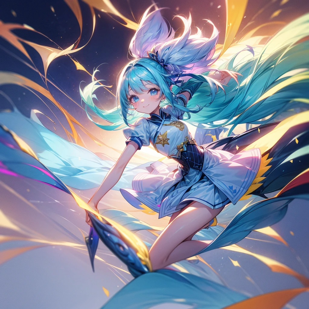 A girl chasing her dreams。A smile and a light step。Stylish and cute clothes。The background is a bright and lively fantasy world。