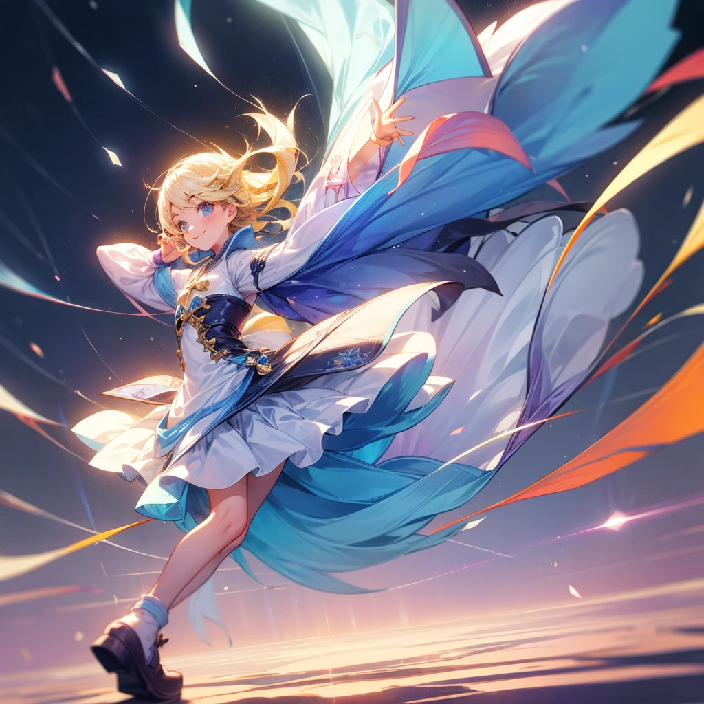 A girl chasing her dreams。A smile and a light step。Stylish and cute clothes。The background is a bright and lively fantasy world。