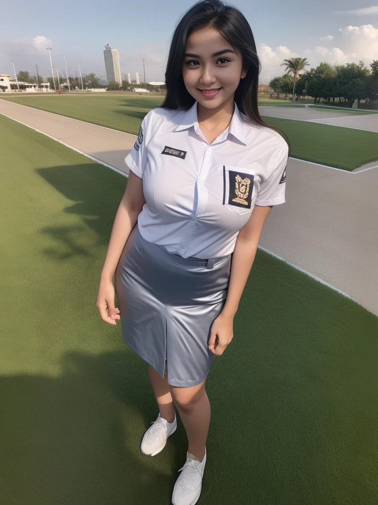 Girl, solo, 19 years old, (Indonesian_high_school_uniform), standing, outdoors, ht view, Metropolitan city at the background, detailed face, detailed eyes, (seductive smile:1.1), thick brehiny realistic skin, tight whitey blue short skirt, looking at the audience, hands on the back, (8k, RAW photo, best quality, masterpiece: 1.2), (realistic, realistic: 1.37), ultra-high resolution, (ultra wide angle shot:1.35)